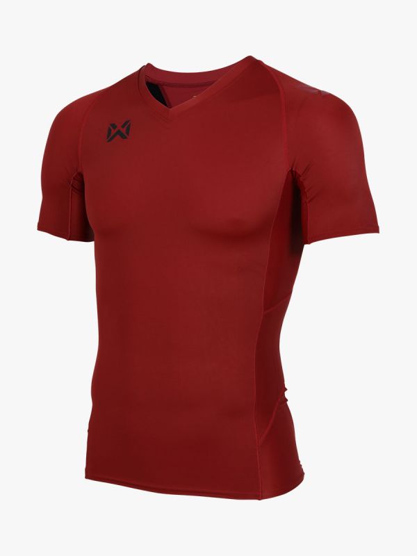 WARRIX เสื้อรัดกล้ามคอวีแขนสั้นผู้ชาย-Redเข้ม
