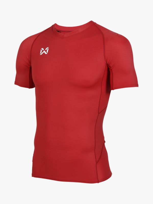 WARRIX เสื้อรัดกล้ามคอวีแขนสั้นผู้ชาย-Redเข้ม