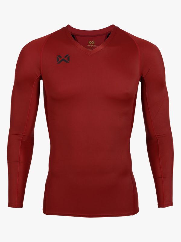 WARRIX เสื้อรัดกล้ามคอวีแขนยาวผู้ชาย-Redเข้ม