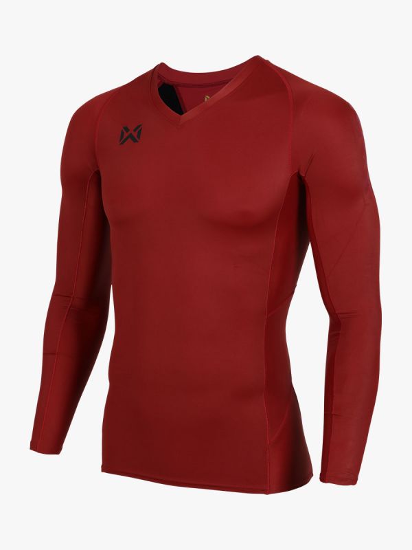 WARRIX เสื้อรัดกล้ามคอวีแขนยาวผู้ชาย-Redเข้ม